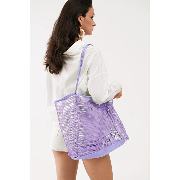 Women's Lavender Mesh Beach Tote Nylon/polyester No-closure Shoulder Hand Bag - Picture 6 of 6